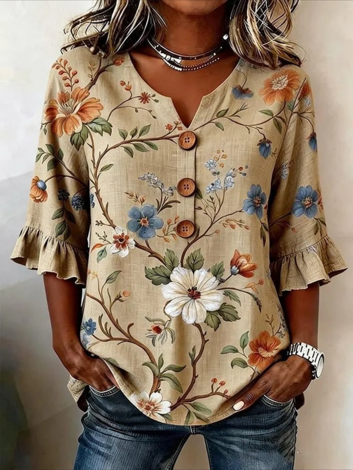 Floral V Neck Button Short Ruffle Sleeve Casual Top