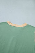 Mint Green Raw Seam Color Block Detail Buttoned Henley Tee