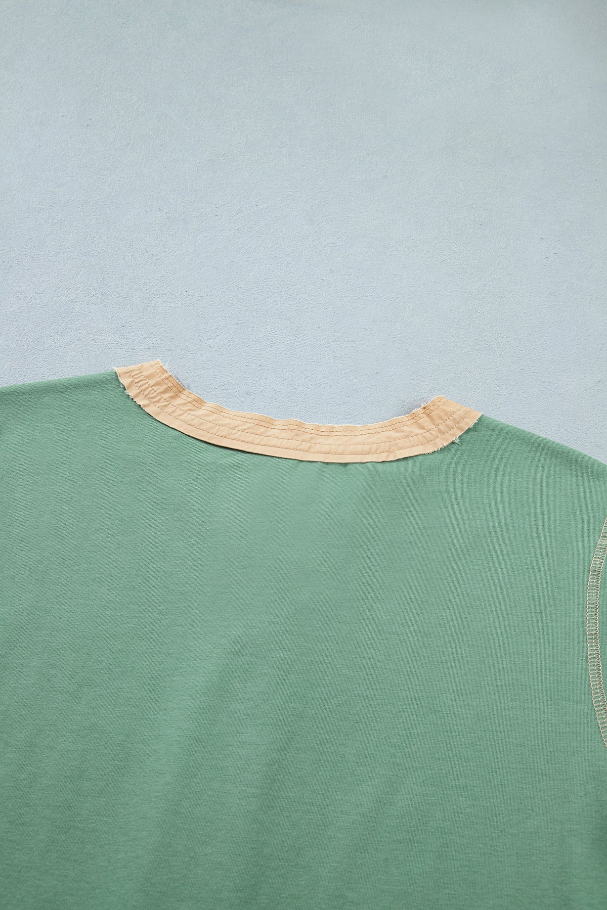 Mint Green Raw Seam Color Block Detail Buttoned Henley Tee