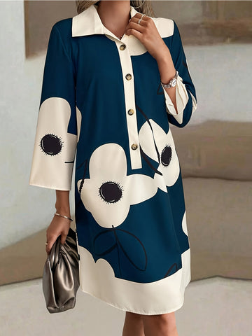 Long Sleeves and Pockets Loose Fit Floral Print Shirt Dress with Button Front