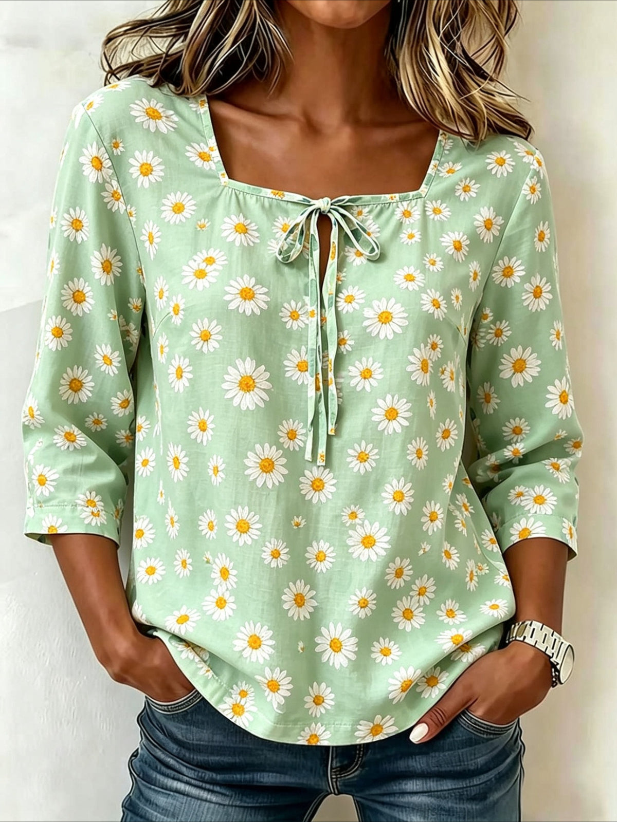 Floral Print Square Collar Lace up Seven Quarter Sleeve Top