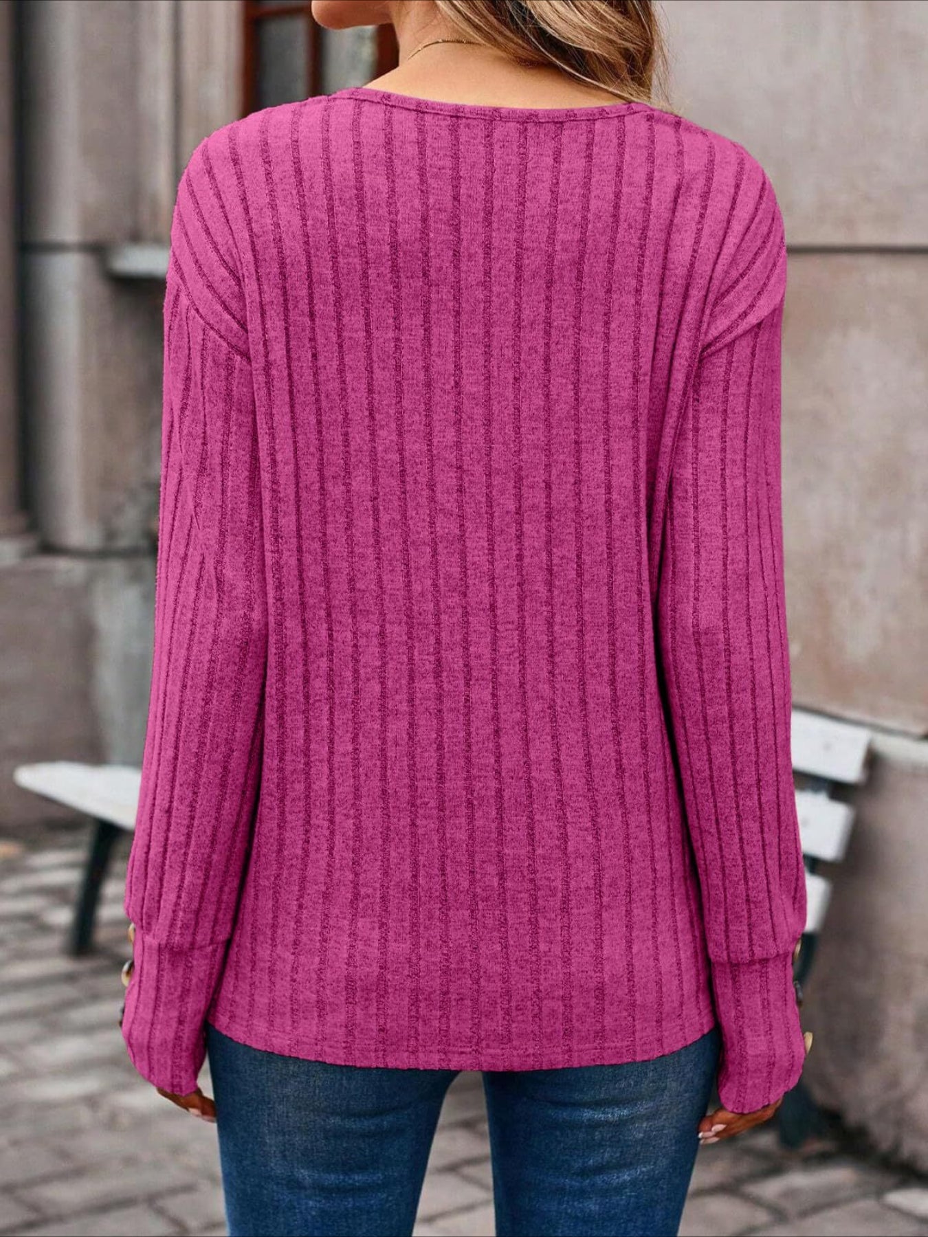 Womens Ribbed Button Detail T-Shirt - Fashionable V-Neck Long Sleeve Top