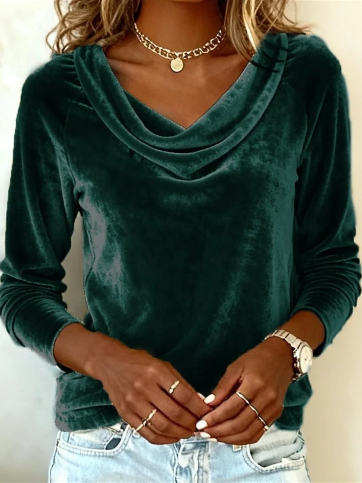 Solid Color Swinging Neck Long Sleeve Sexy Velvet T-shirt