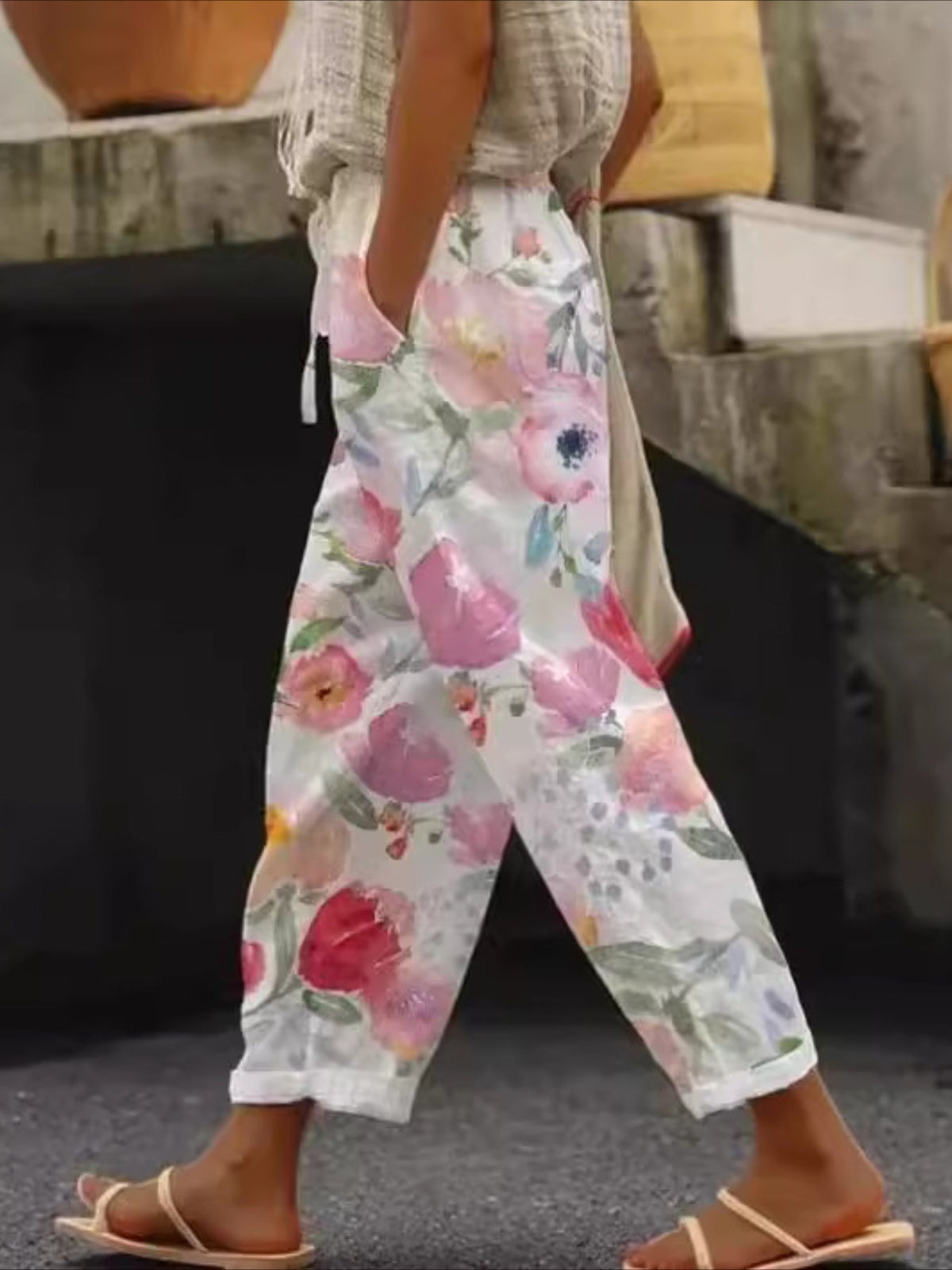 Floral Print Pants, Casual Elastic Waist Pants