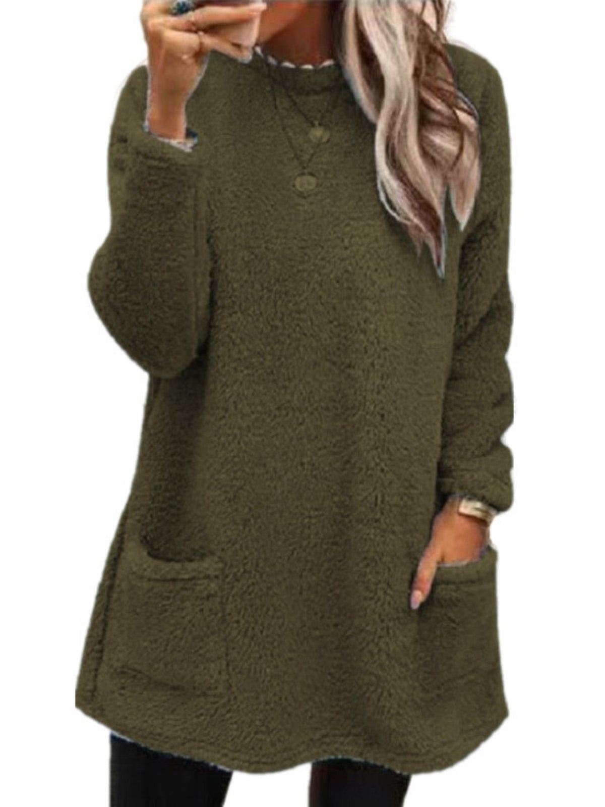 Solid Color Pullover Teddy Sweatshirt, Casual Long Sleeve Crew Neck Dual Pockets Sweatshirt