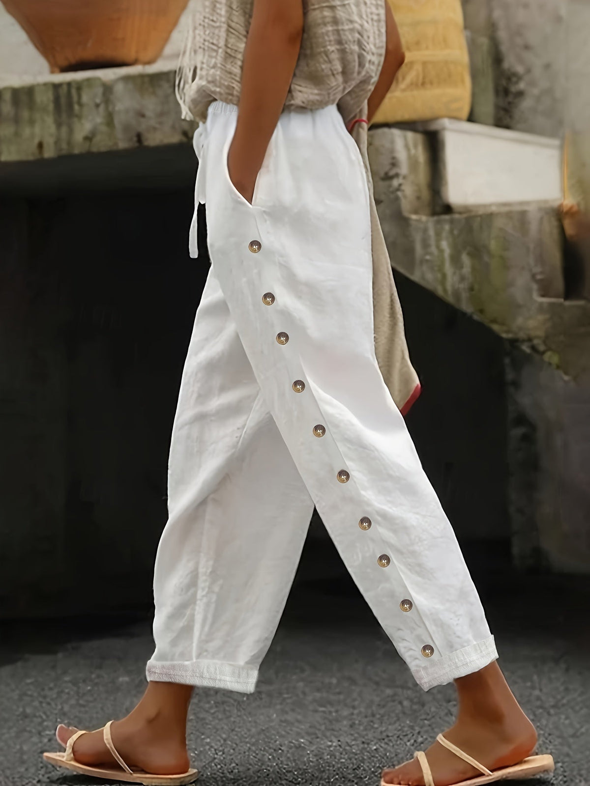 Women'S Elegant Casual Blue Straight-Leg Pants with Pearl Embellishments