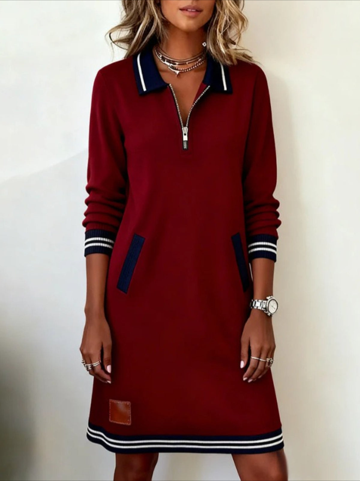 Color Block Spring/Fall Dress V Neck Long Sleeve A-Line Dress
