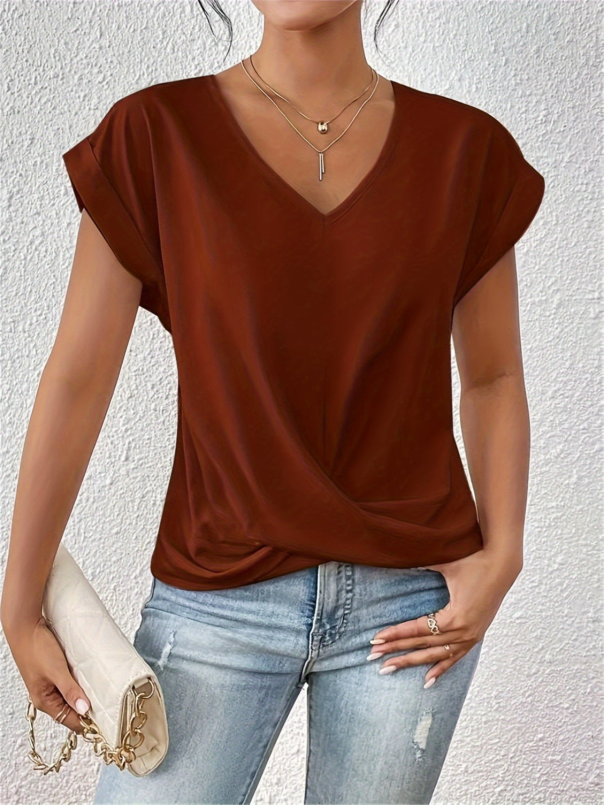 Women's Knot V Neck T-Shirt - Casual Short Sleeve Top