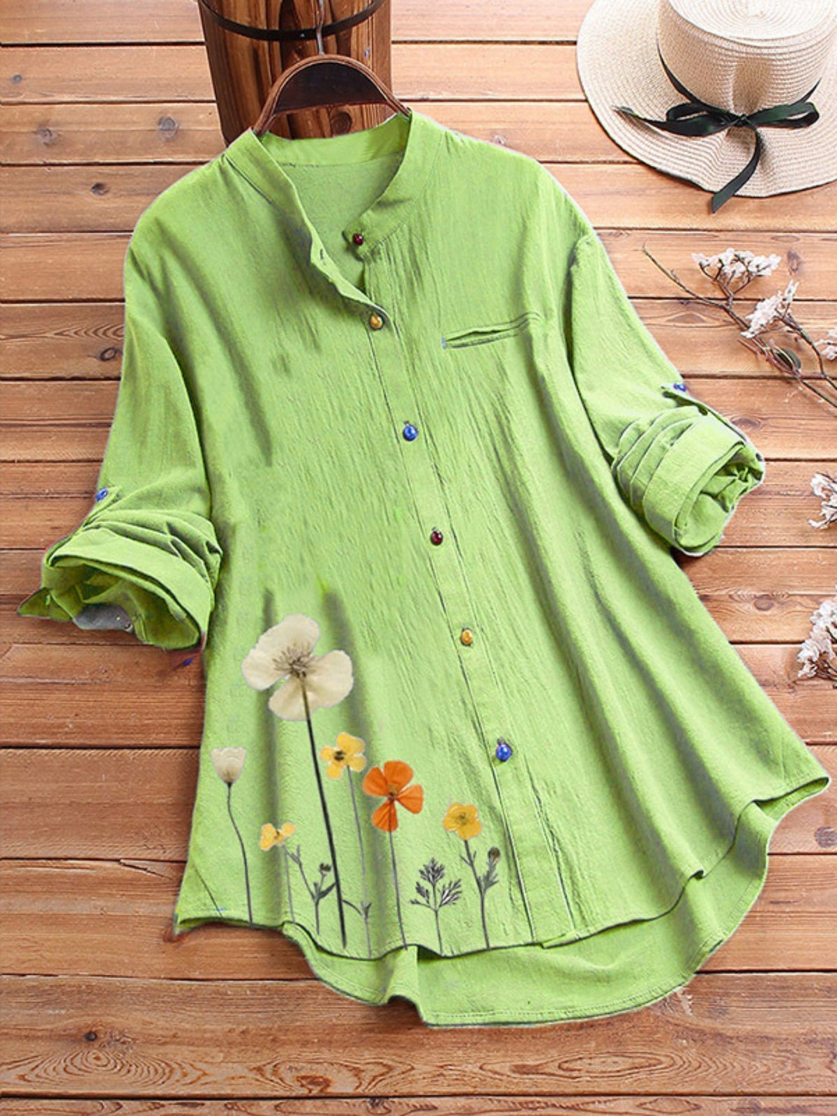 Women's Floral Print Long Sleeve Colorful Button Turn Down Collar Shirt