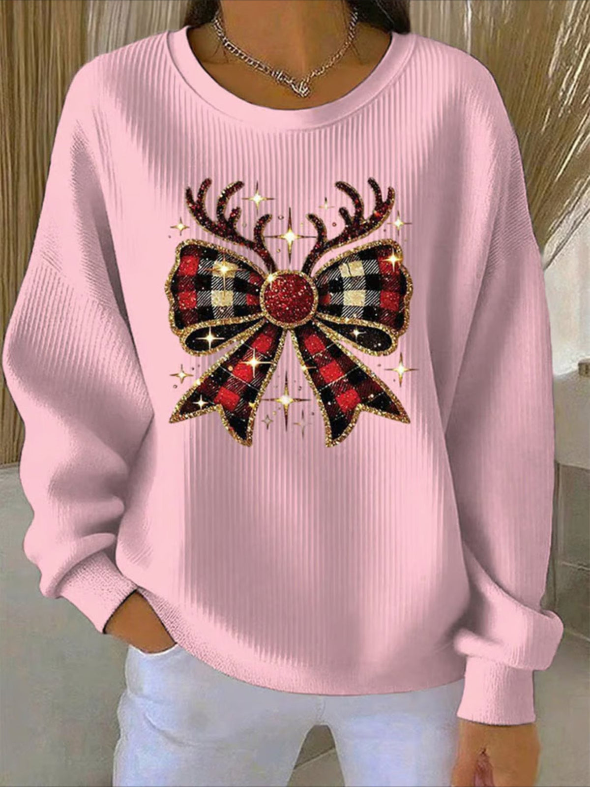 Christmas Printed Crew Neck Floral Long Sleeve Sweater Hoodie