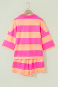 Pink Half Zipper Placket Bracelet Sleeve Top Casual Shorts Set
