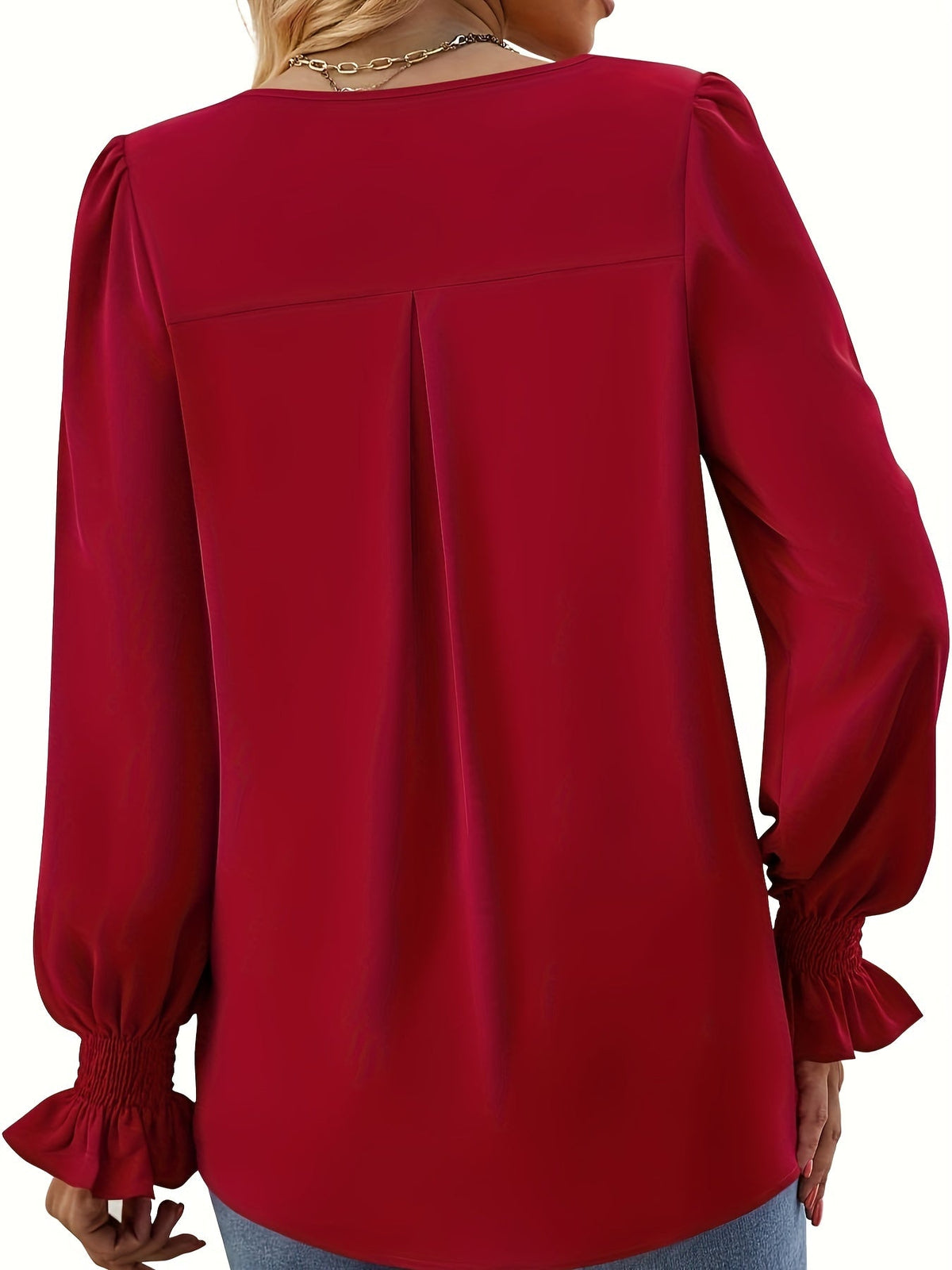 Solid V Neck Simple Blouse, Elegant Long Sleeve Ruched Blouse