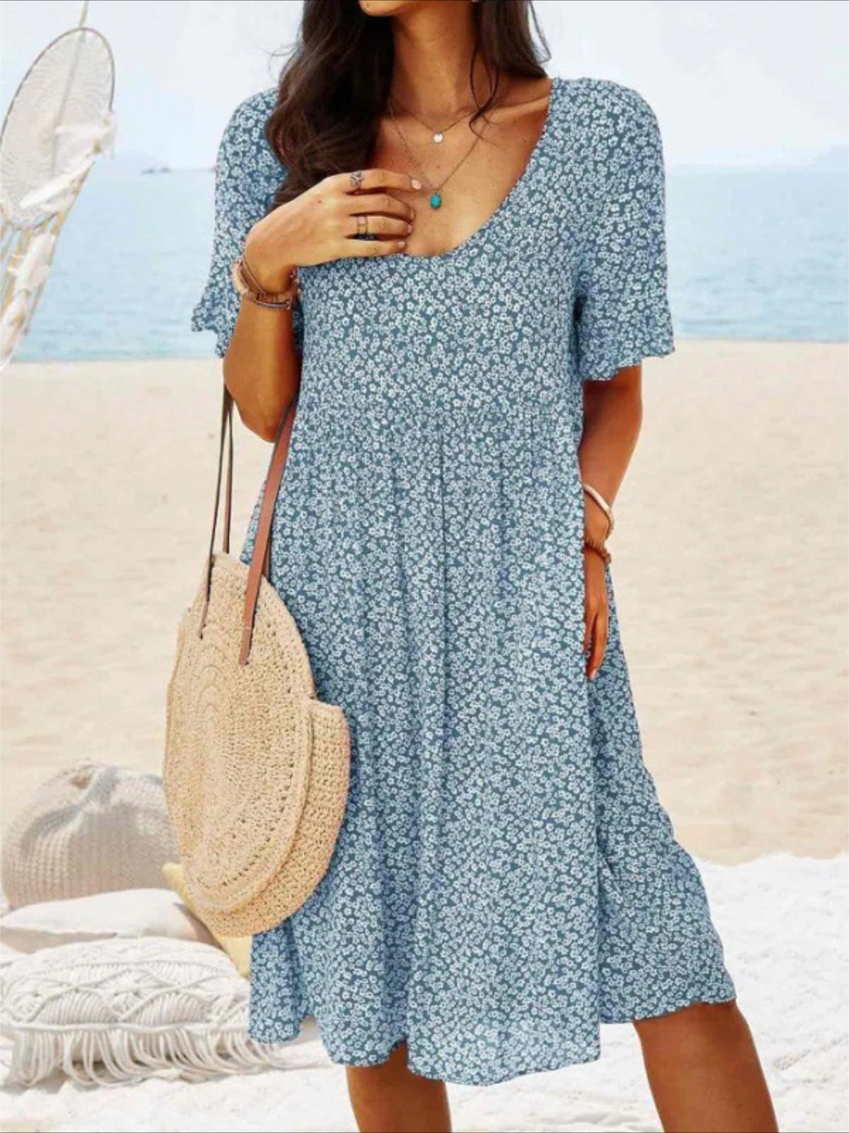 Women's Boho Floral Print Dress - Perfect for Beach Vacations and Casual Wear