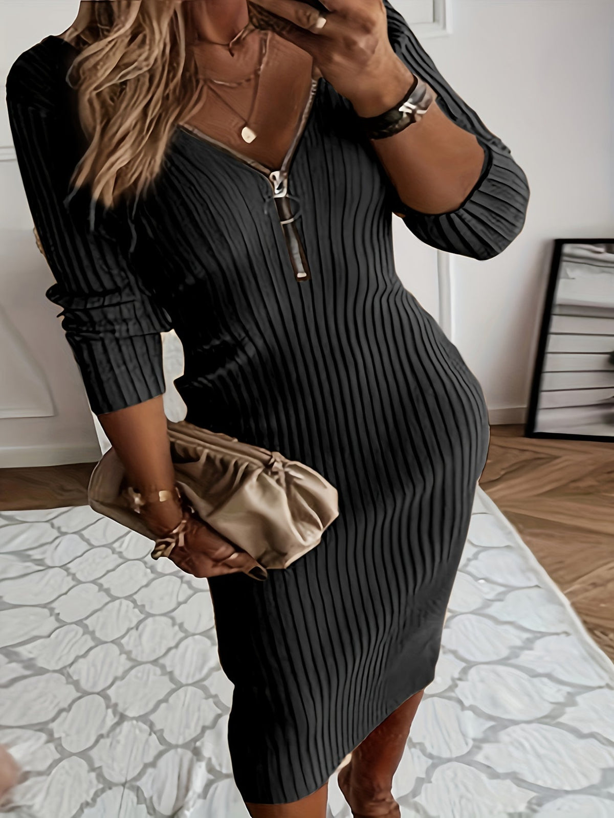 Basic Dress, Women's Solid Ribbed Long Sleeve Zipper V Neck Medium Stretch Bodycon Midi Dress