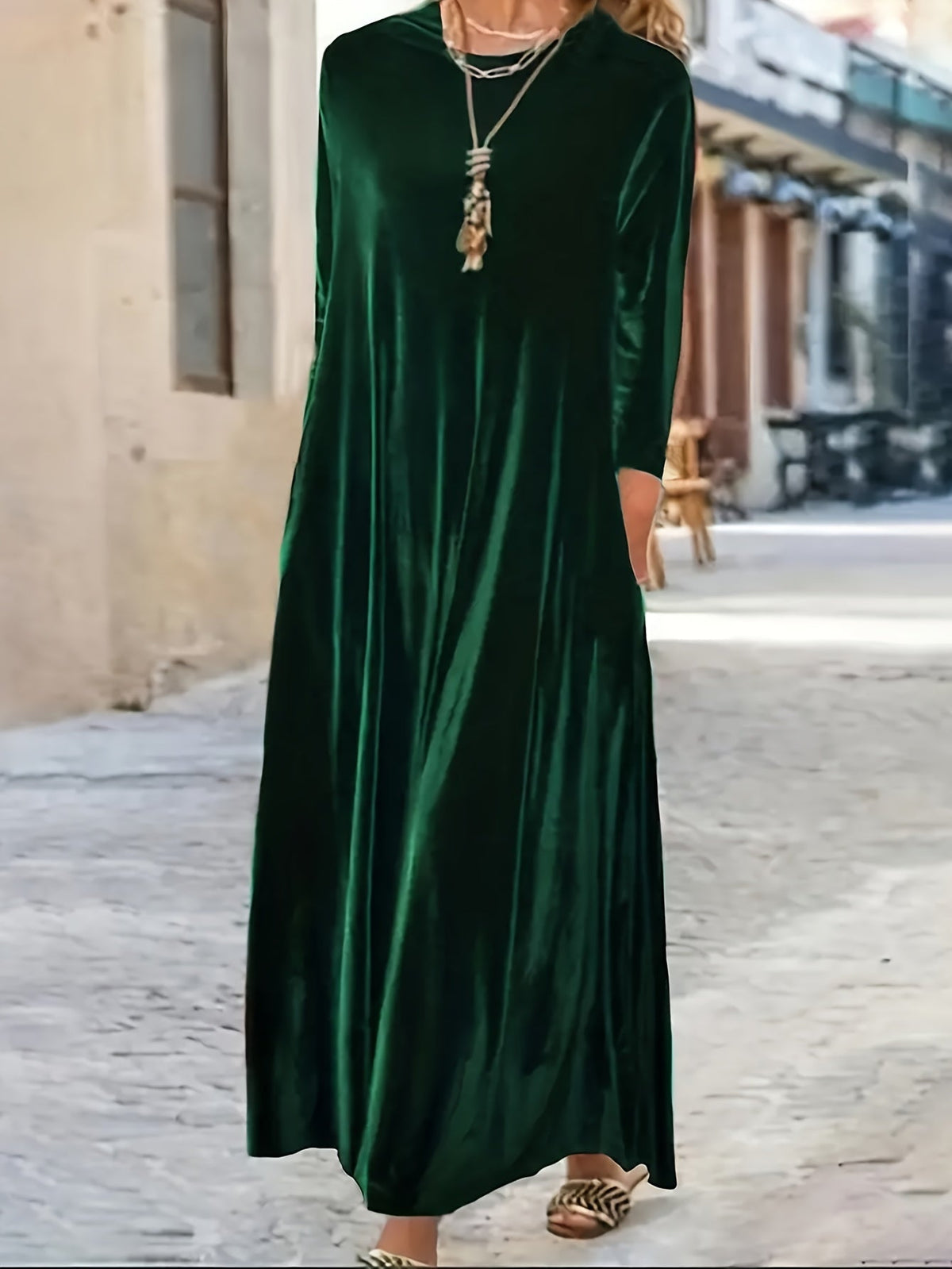 Long Sleeve Vintage Solid Crew Neck Maxi Dress