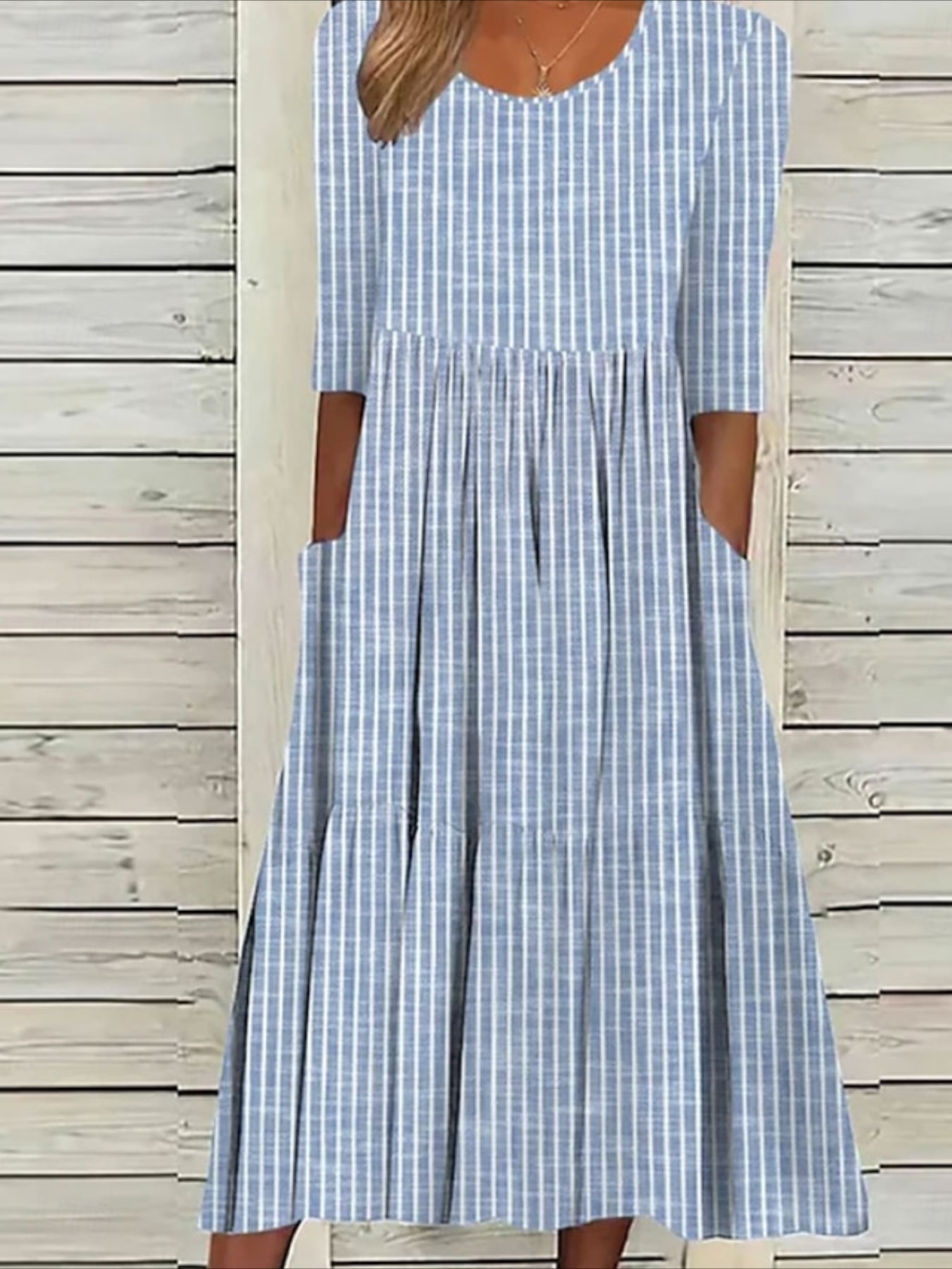 Stripe Short Sleeve Crew Neck A Line Midi Dress