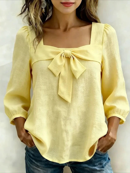 Square Neck Bow Detail Puff Sleeve Blouse