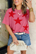 Red Independence Day Star Printed Mineral Wash T Shirt