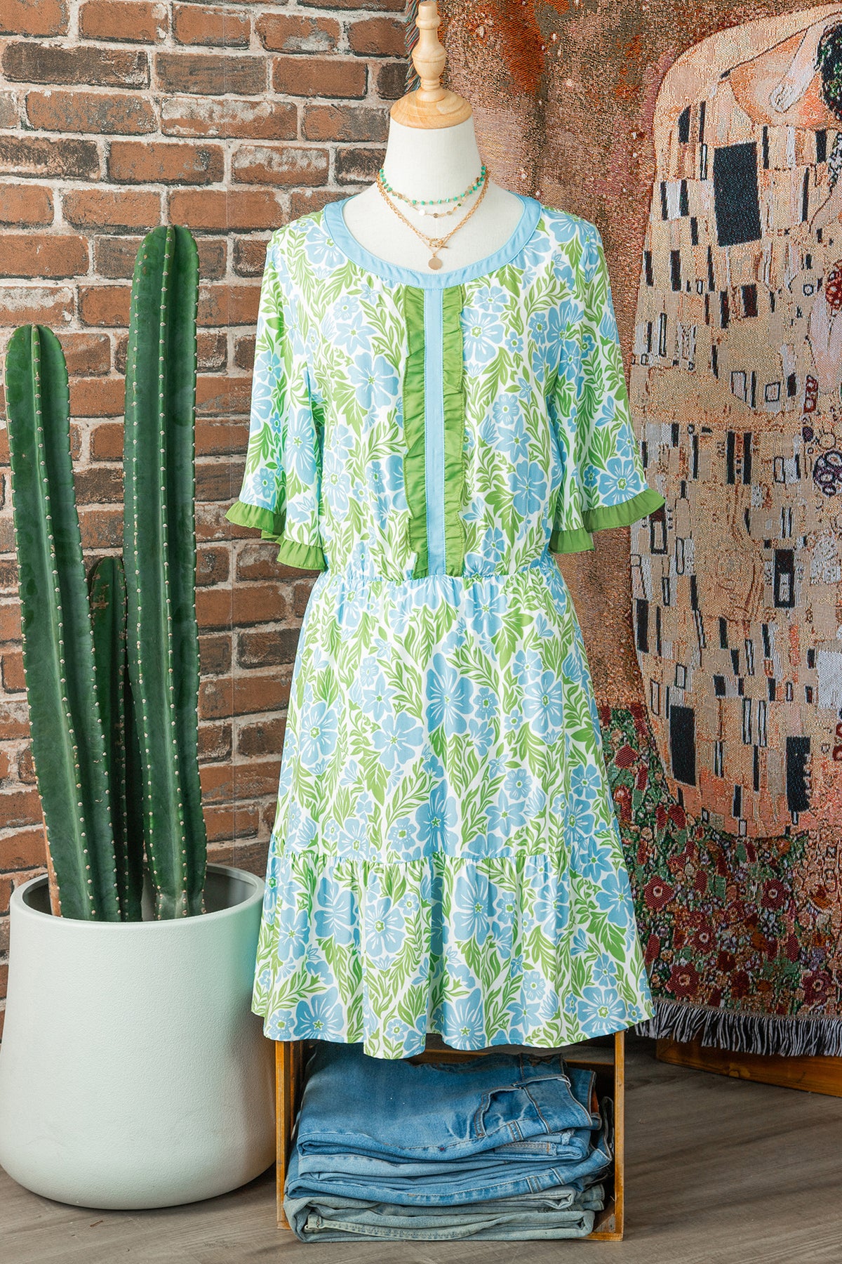 Sky Blue Floral Print High Waist Ruffle Short Sleeve Mini Dress