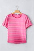Pink Stripe Scalloped Trim Round Neck T Shirt