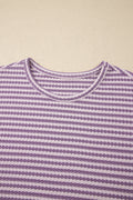 Purple Stripe Breathable Textured Knit Short 2pcs Set