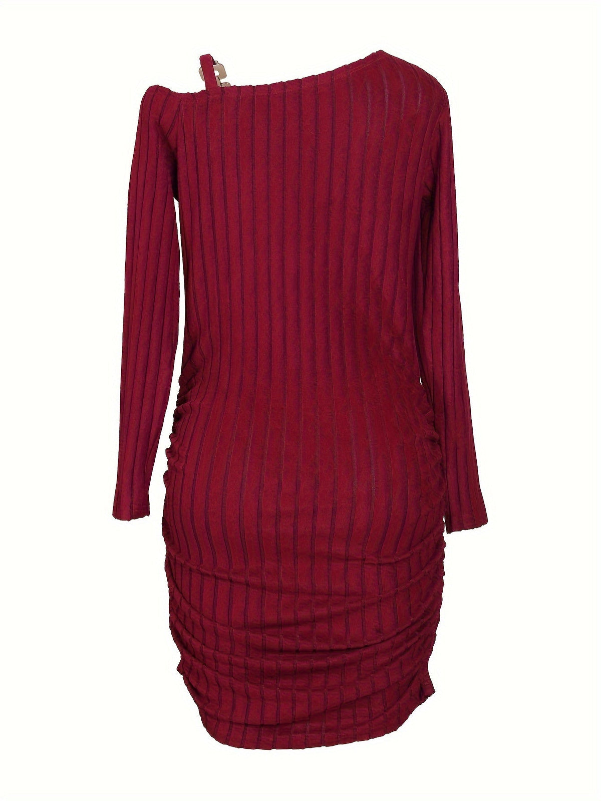 Ribbed Slanted Shoulder Chain Dress, Casual Solid Long Sleeve Bodycon Dress