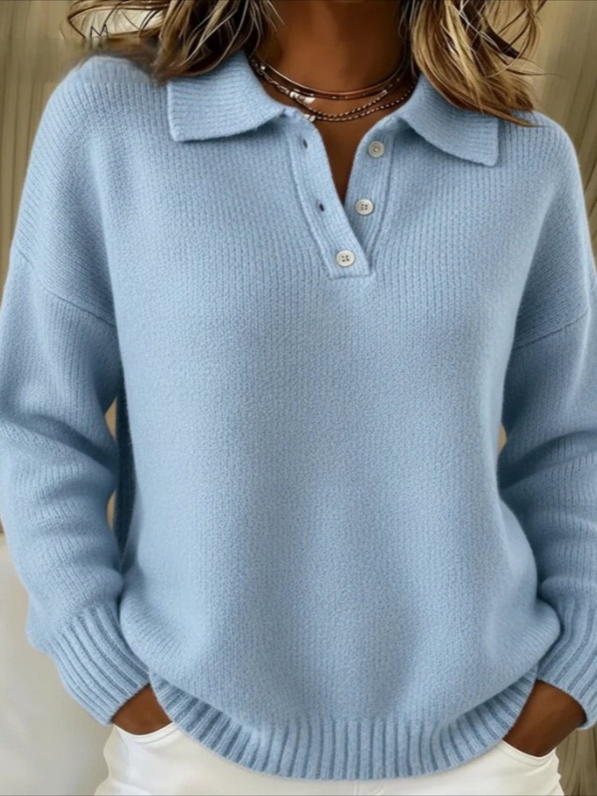 Classic Polo Neck Button-Down Solid Color Sweater Top