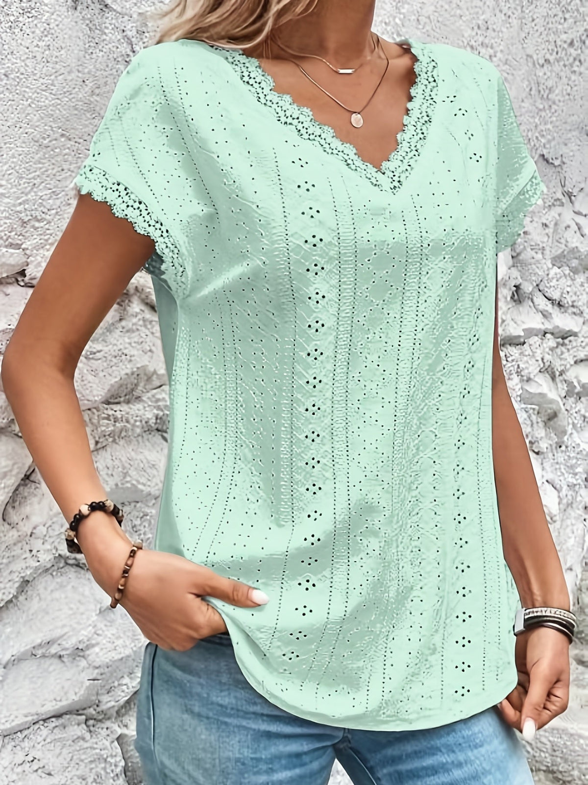 Elegant T-shirt, Women's Eyelet Embroidery Contrast Lace Trim V Neck Short Sleeve Slight Stretch T-shirt