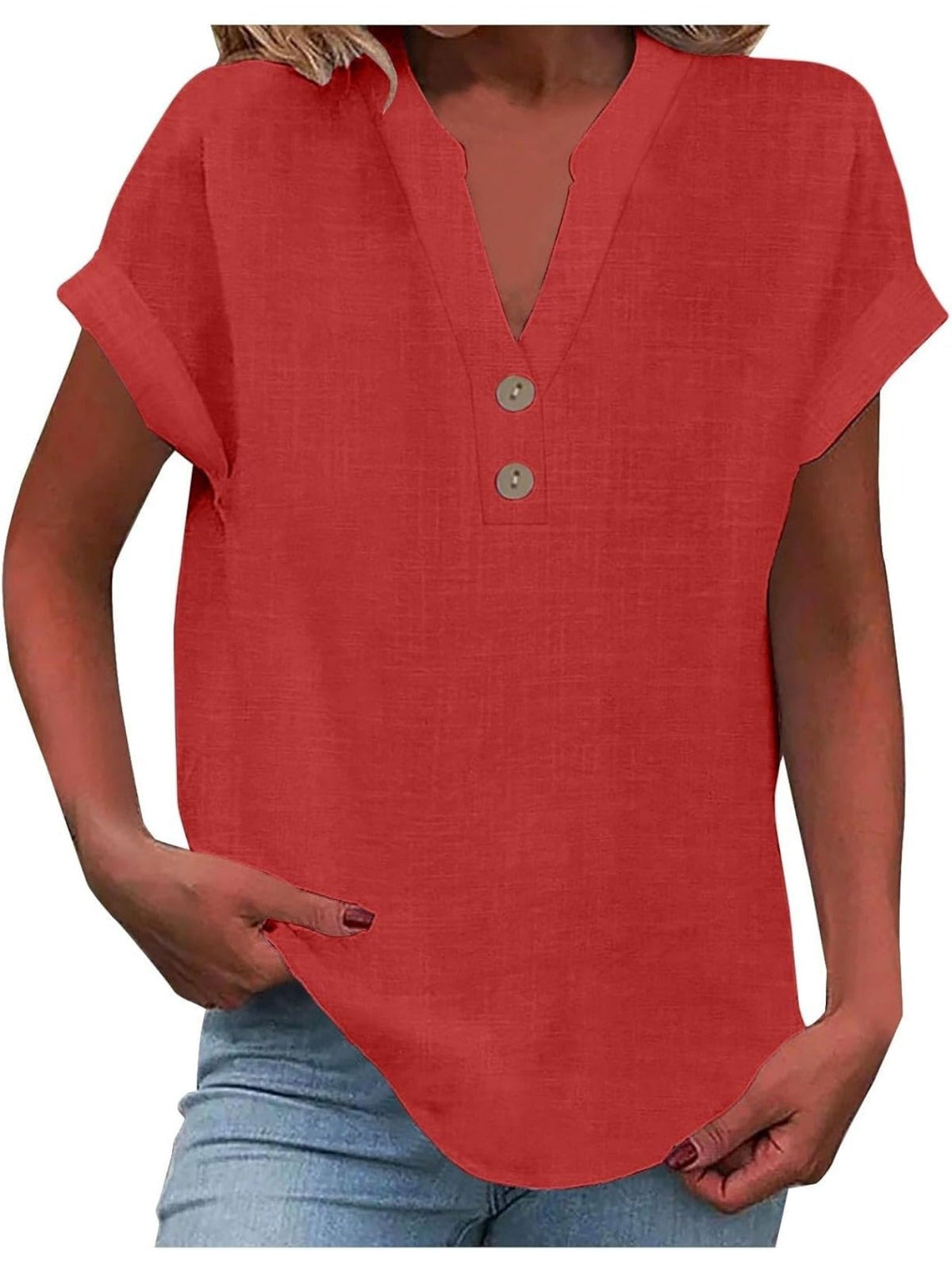 Solid Color V Neck Short Sleeve Button Down T Shirts