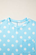 Sky Blue Polka Dot Patch Pocket Twisted Ribbed Top