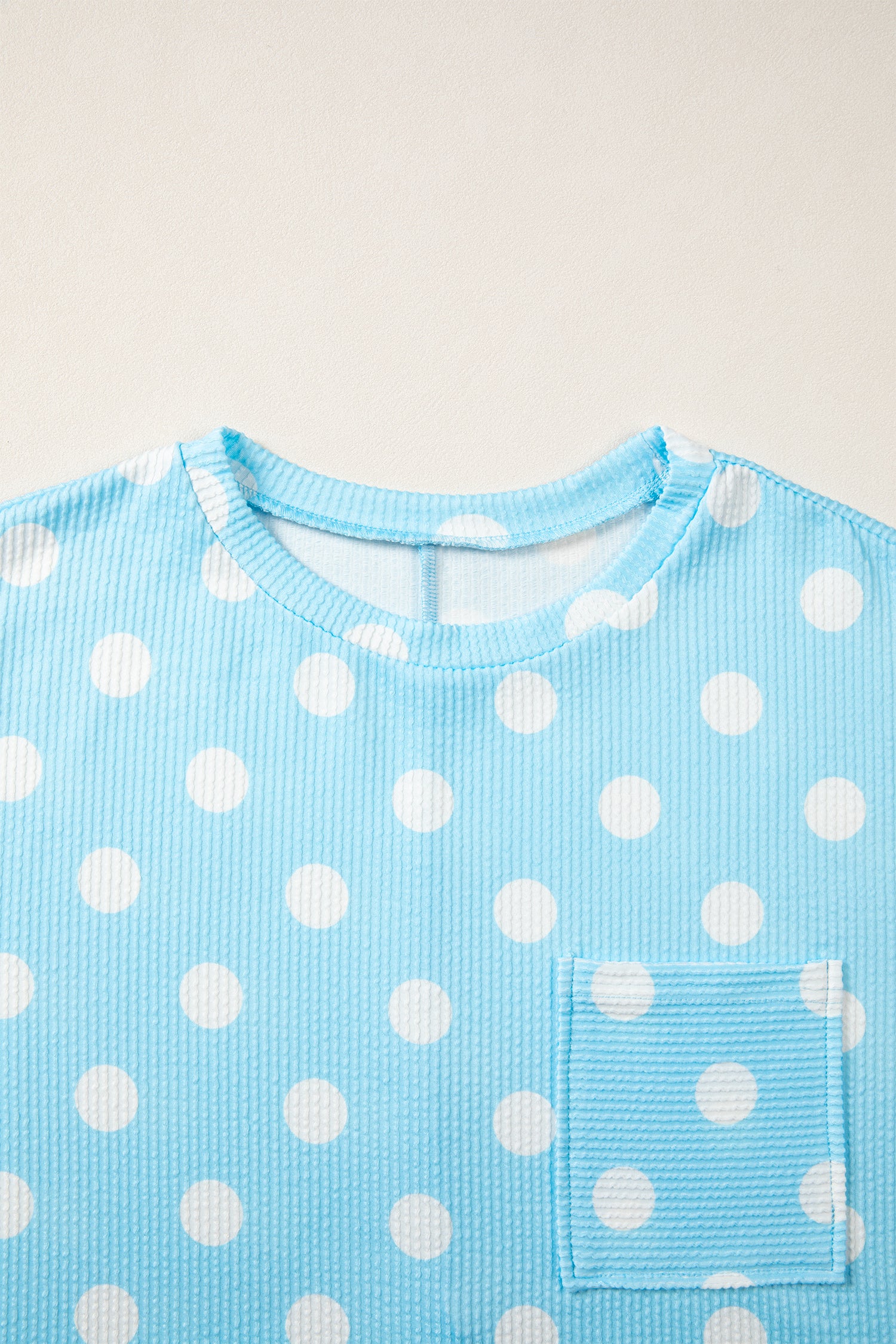 Sky Blue Polka Dot Patch Pocket Twisted Ribbed Top