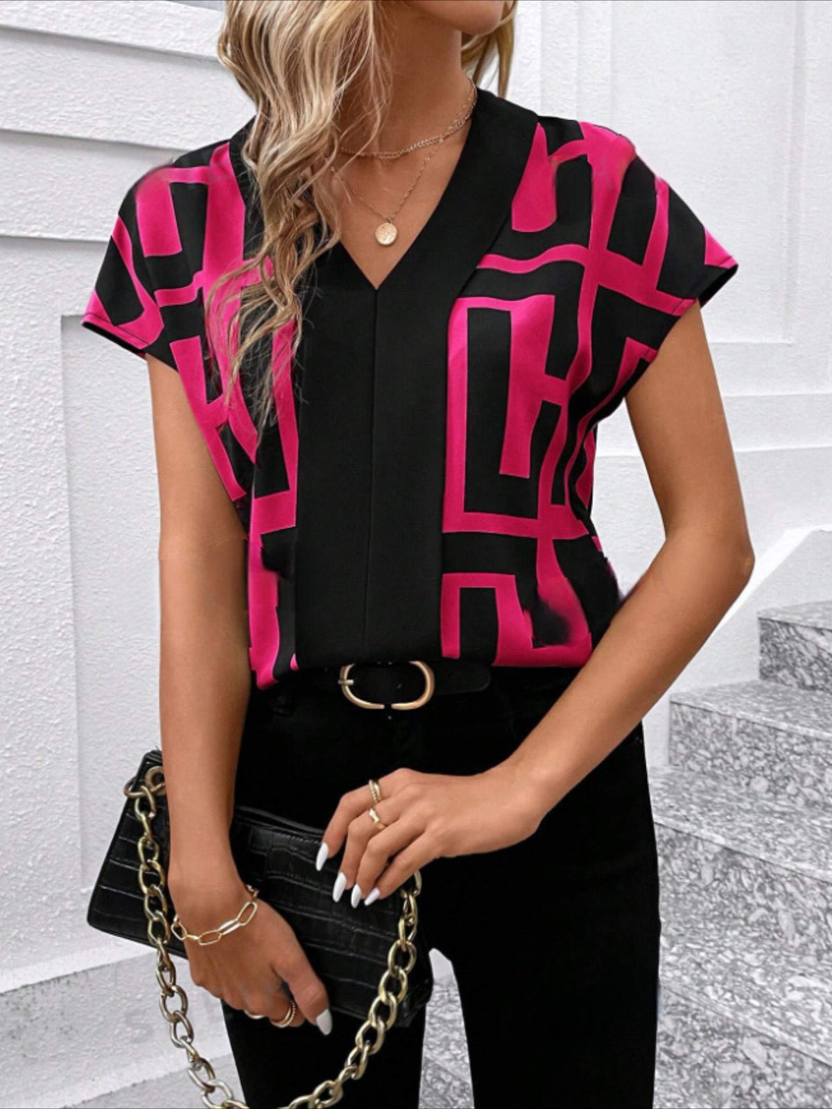 Geo Print V Neck Loose Blouse, YOUNG Short Sleeve Blouse