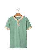 Mint Green Raw Seam Color Block Detail Buttoned Henley Tee
