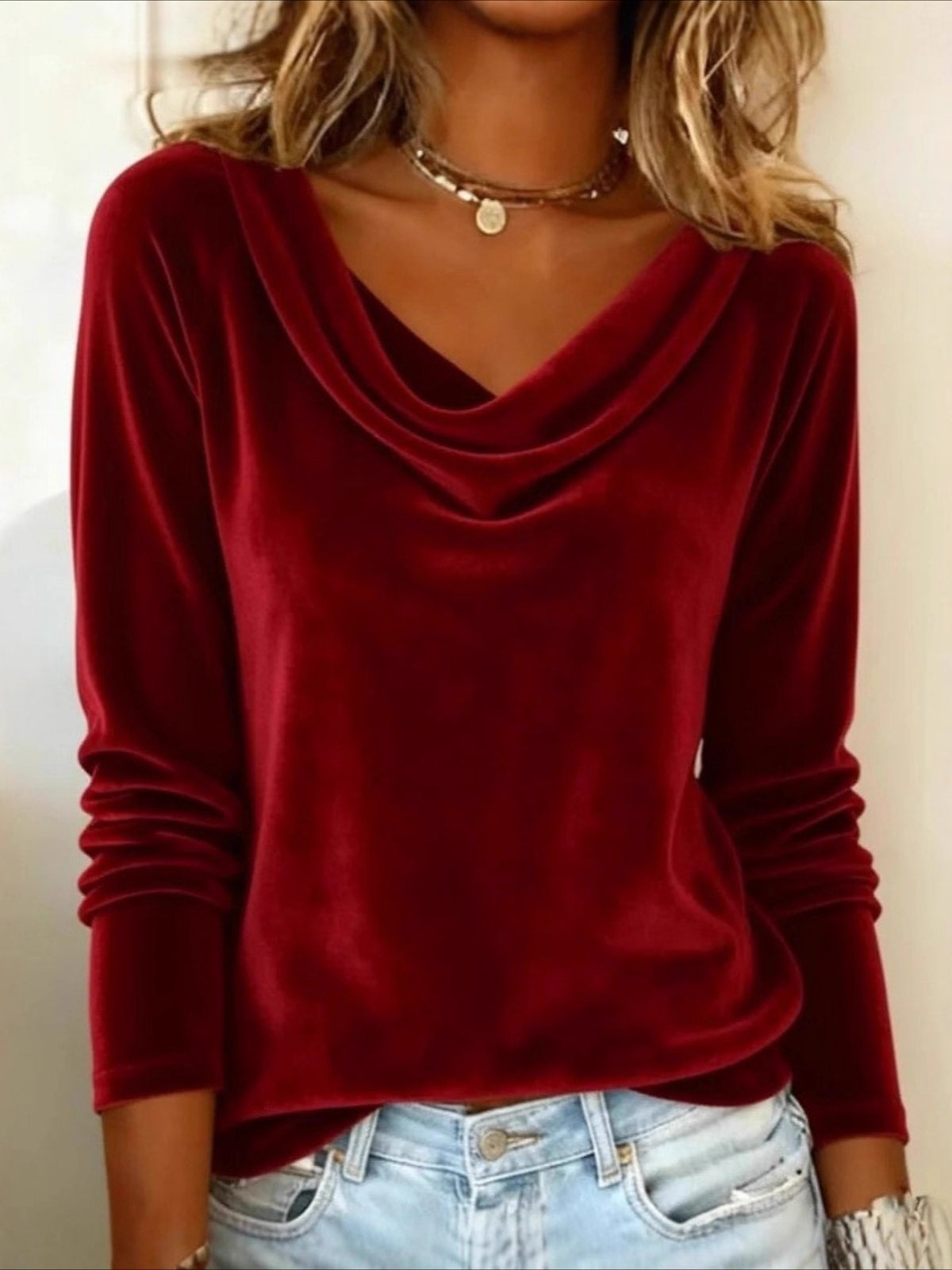 Solid Color Swinging Neck Long Sleeve Sexy Velvet T-shirt