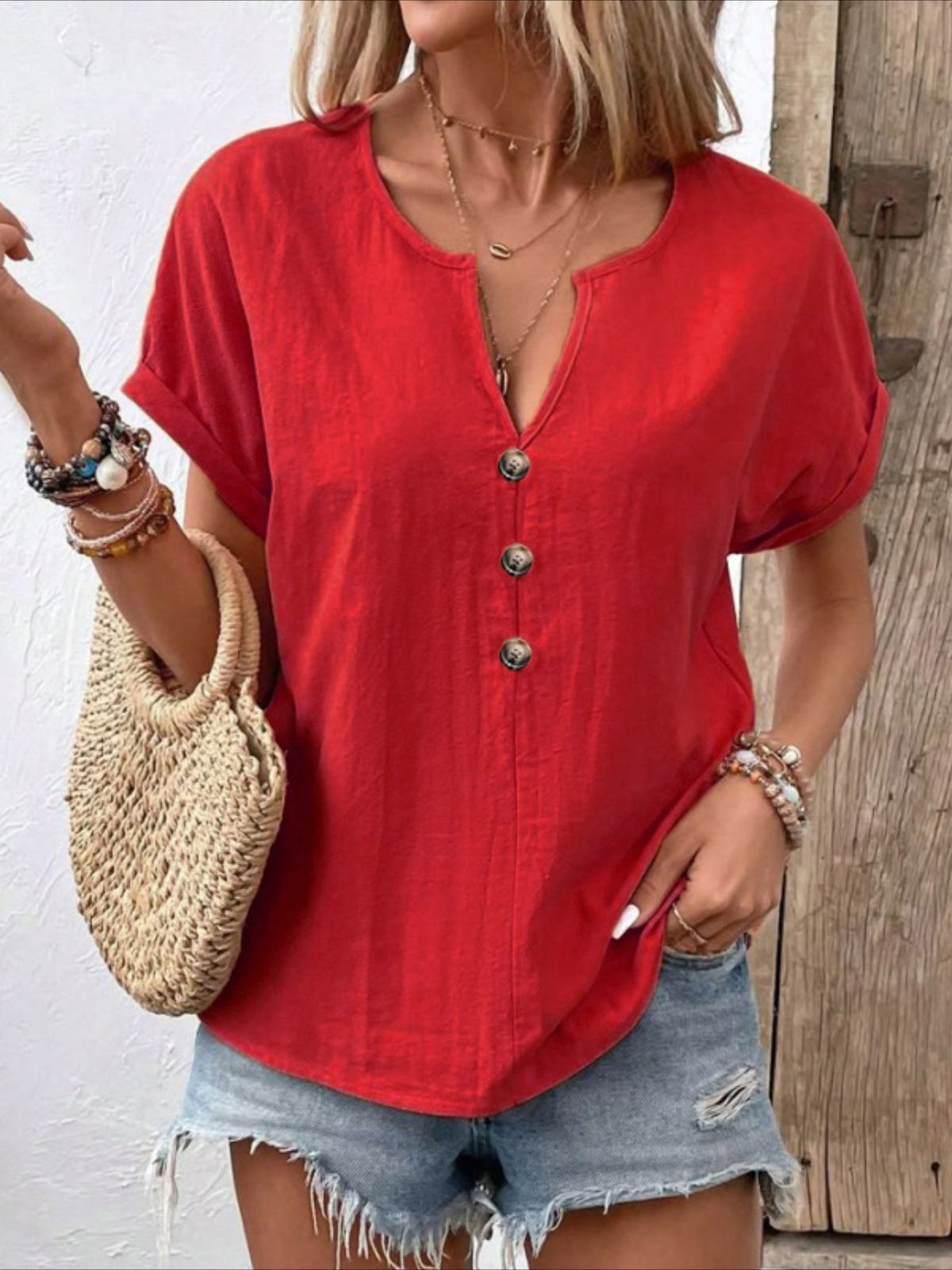 Elegant V-Neck Short Sleeve Button Detail Blouse