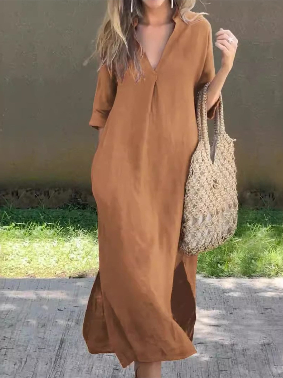 Women's Pocket Split Basic Casual Split Neck 3/4 Length Sleeve Maxi Dress