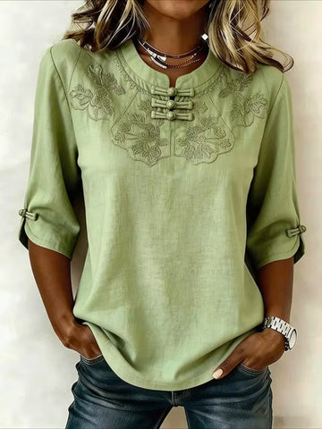 Printed Half Sleeve Floral Buckle Mandarin Collar Blouse