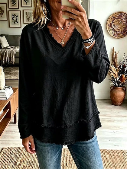 Solid Color Loose V Neck Beard Edge Long Sleeve T-shirt