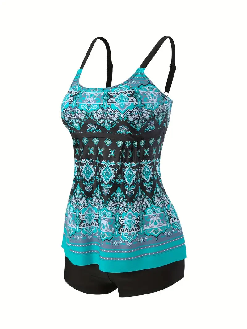 Colorful Digital Pattern Tankini Sets, Boxer Shorts Stretchy Tummy Cover Two Piece Swimsuit