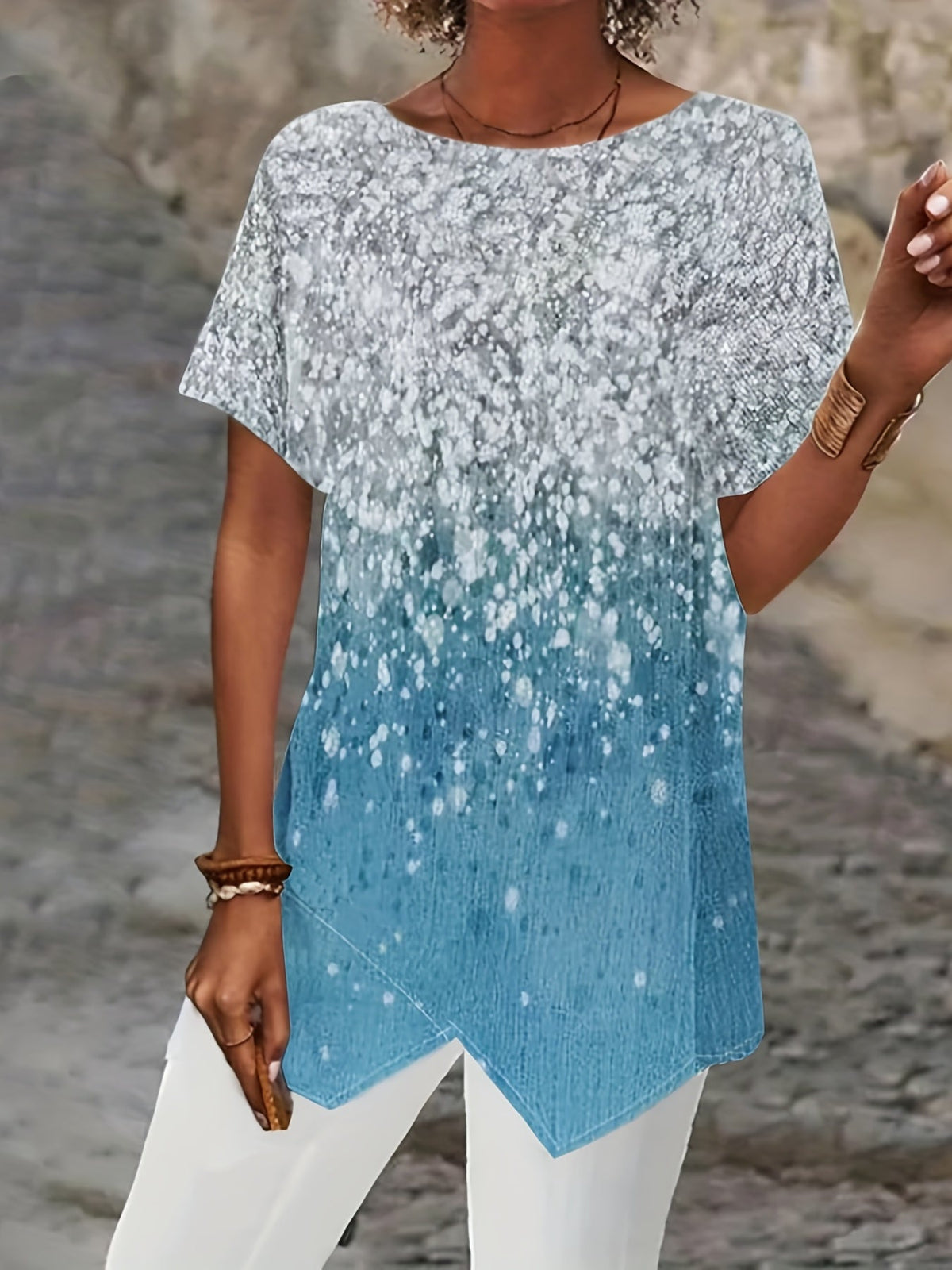 Casual T-shirt, Women's Allover Print Short Sleeve Round Neck Medium Stretch Tee