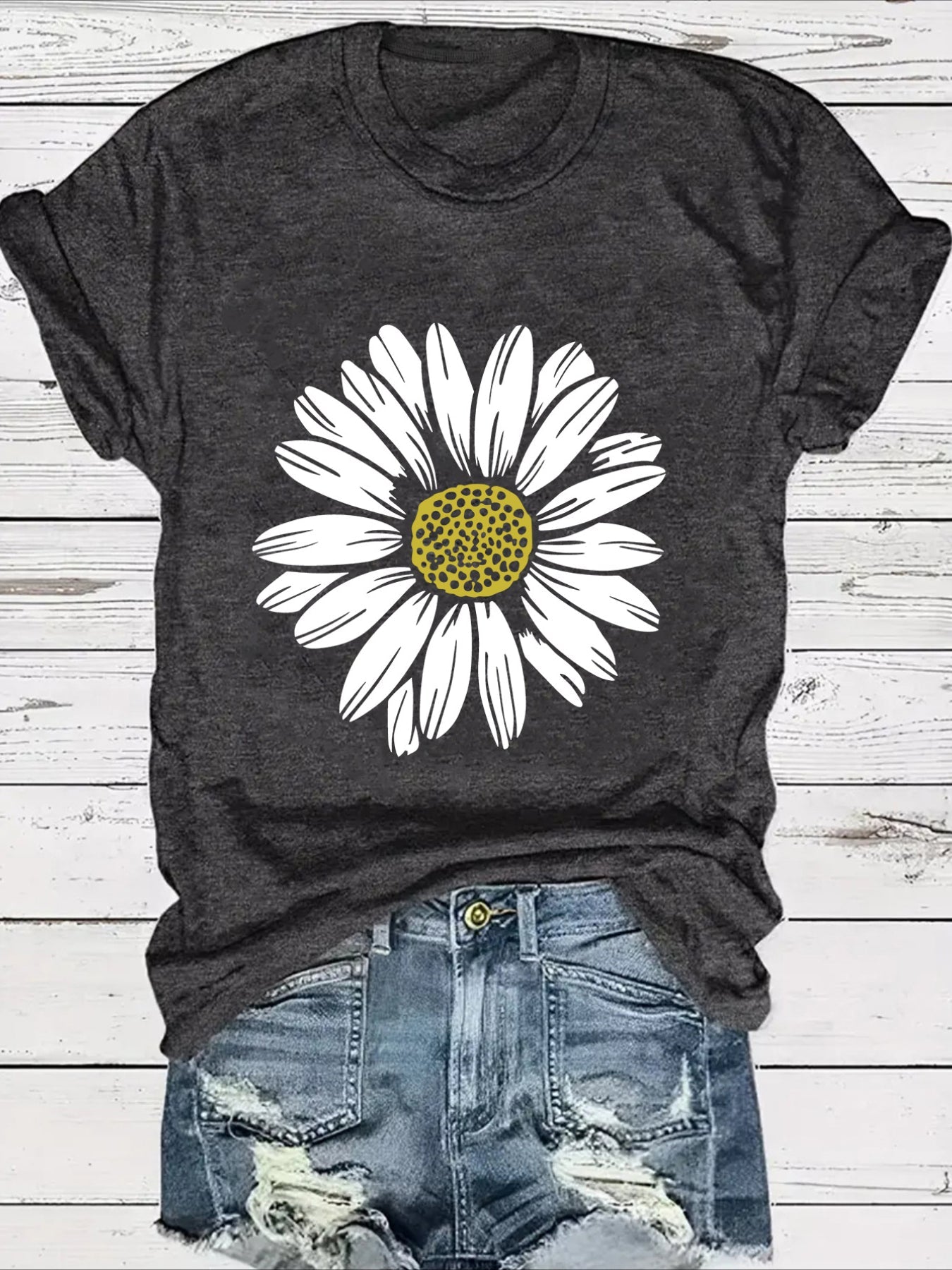 Daisy Flower Print Crew Neck Short Sleeve T-Shirt
