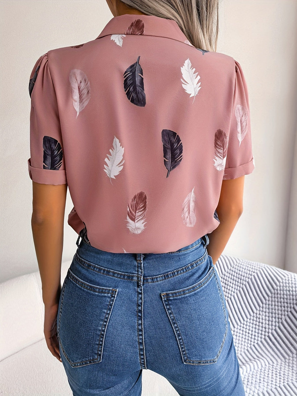 Feather Print Button Front Shirt, Casual Lapel Short Sleeve Shirt