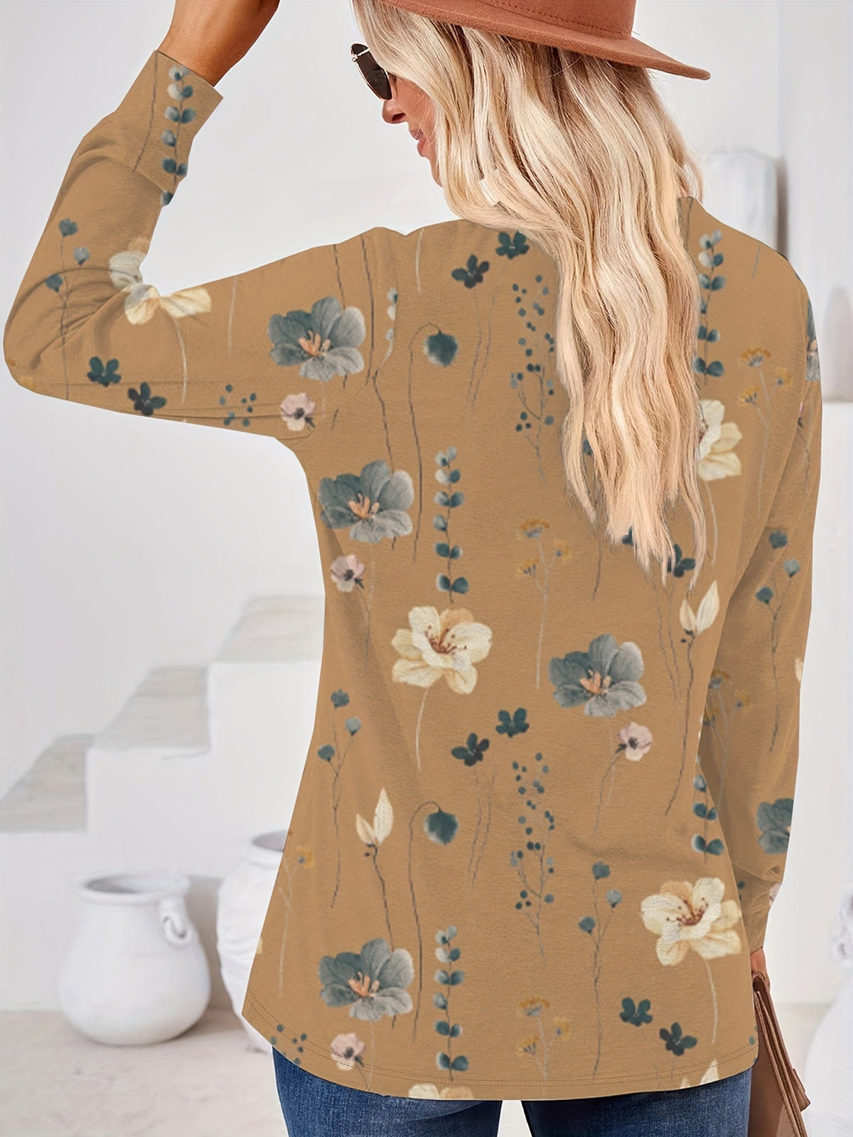 Floral Print V Neck Button T-Shirt, Casual Long Sleeve T-Shirt