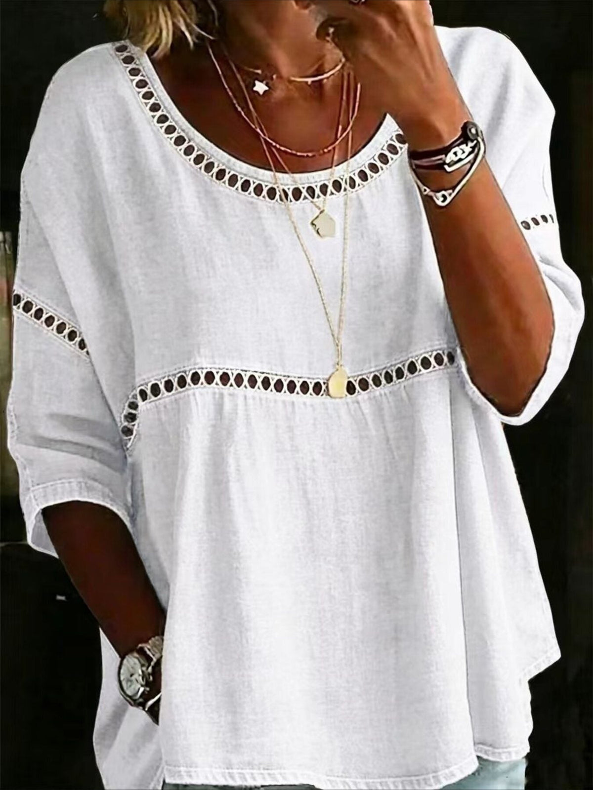 Printed Mid Sleeve Pleated Round Neck Top