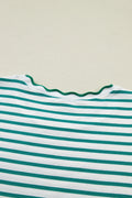 Green Stripe Scalloped Trim Round Neck T Shirt
