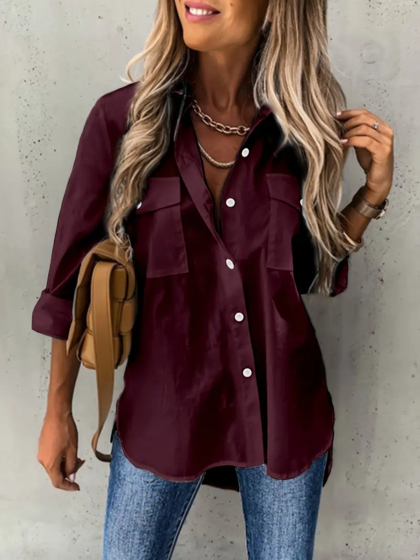 Button Front Long Sleeve Shirt, Casual Solid Office Shirt With Collar