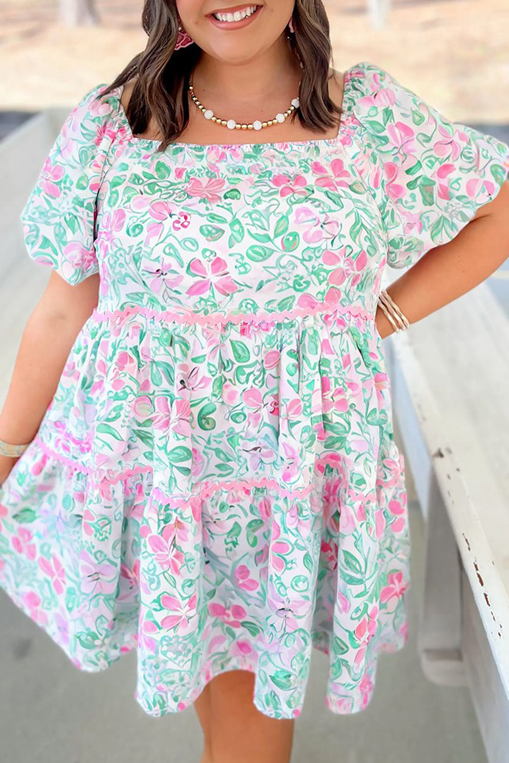 White Floral Print Ric-rac Trim Square Neck Plus Size Mini Dress