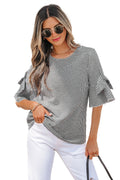 Black Plaid Bow Ruffled Half Sleeve Round Neck Blouse