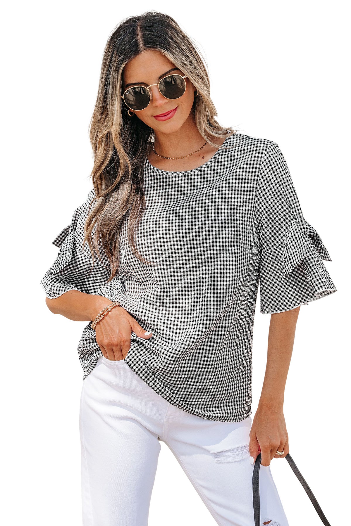 Black Plaid Bow Ruffled Half Sleeve Round Neck Blouse