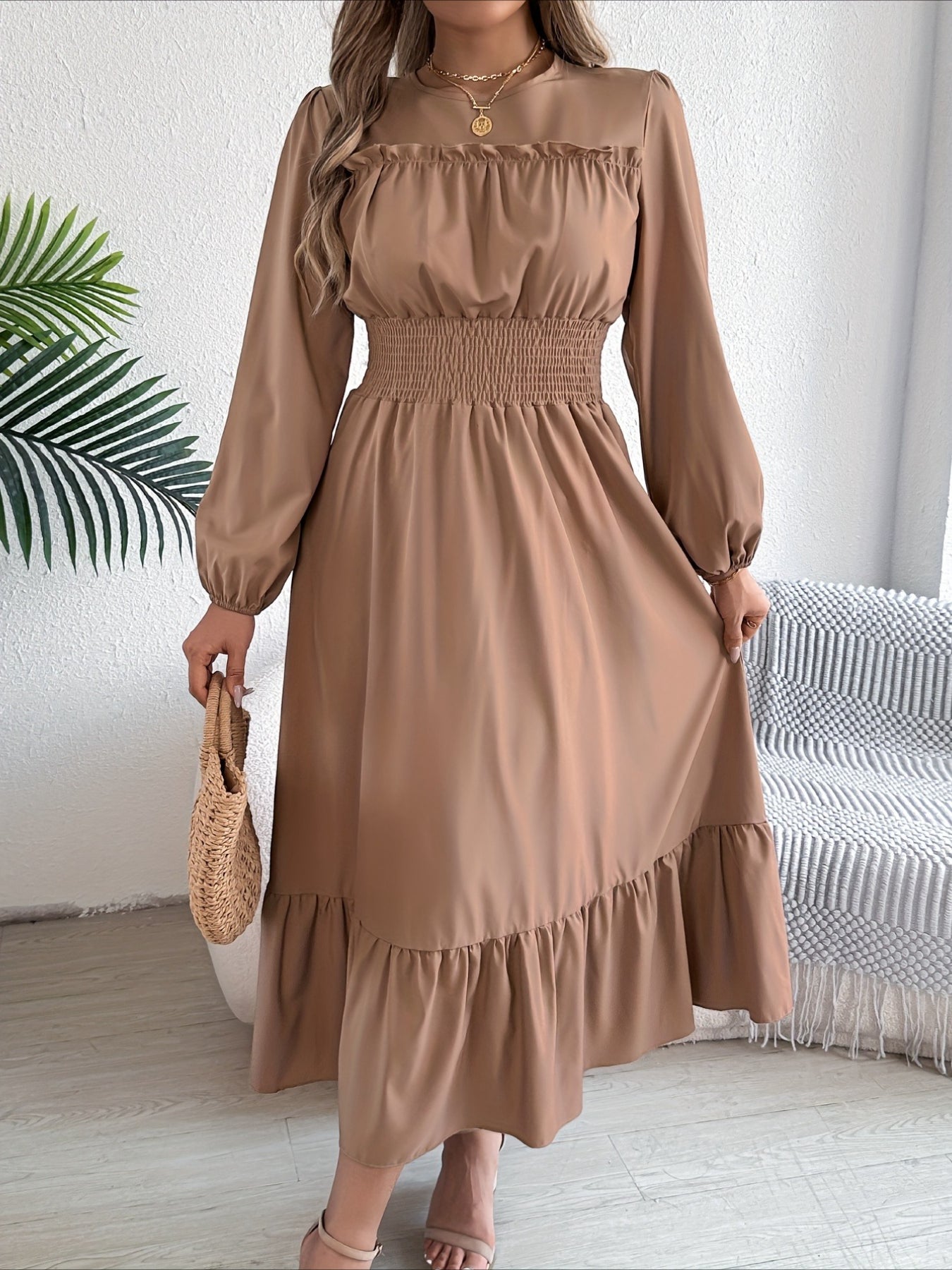 Elegant Long Sleeve Hem Round Neck Dress